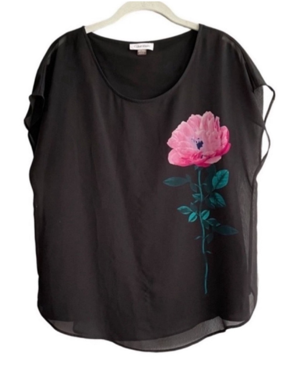 Calvin Klein Bold Floral Blouse Chiffon Overlay Cap Sleeve Black Pink Size M